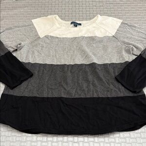 Karen Scott Women’s 1X Colorblock Stripe Cotton 3/4 Sleeve Top Gray Black White